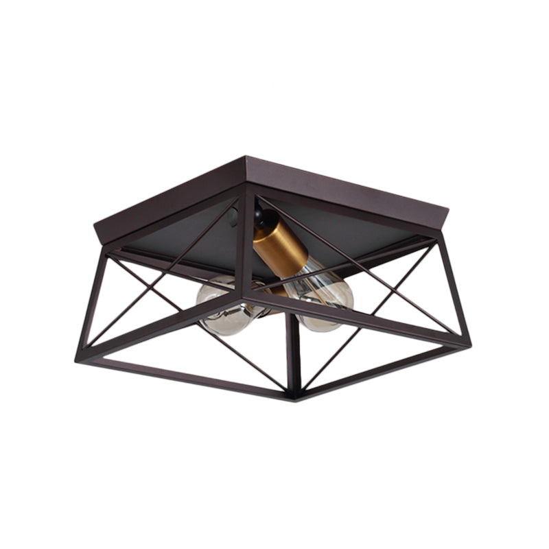 Industrial Style Metal Flush Ceiling Light Fixture - 10/12 Wide 2 Bulbs Coffee Tone Ideal For