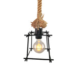 Retro Metal Cage Ceiling Light - Black Pendant Lamp With Adjustable Rope Ideal For Living Room
