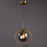 Mid-Century Design Hanging Lamp With Glass Shade And Metal Ring - Perfect For Bedroom