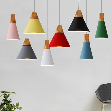 Nordic Style Metal Hanging Ceiling Pendant Lamp With Wooden Top - 1 Light Restaurant Lighting