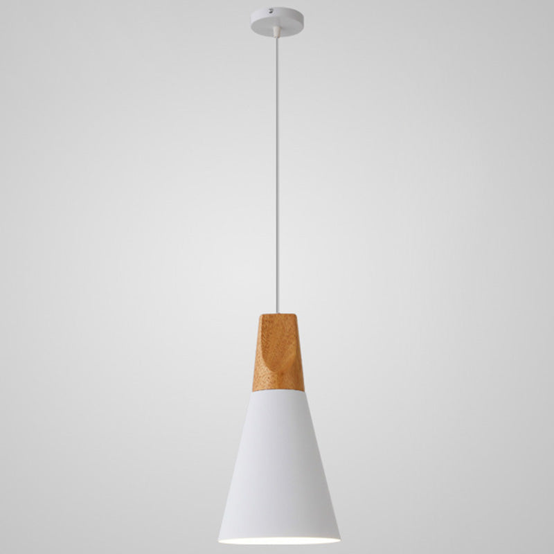 Nordic Style Metal Hanging Ceiling Pendant Lamp With Wooden Top - 1 Light Restaurant Lighting White