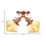 Diamond Amber/Clear Glass Semi Mount Farmhouse Light Fixture - 2-Light Flush Black/Bronze Design