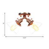 Vintage Style Semi Flush Mount Restaurant Ceiling Light With Conic Amber/Clear Glass Shade - 2 Heads