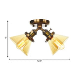 Vintage Style Semi Flush Mount Restaurant Ceiling Light With Conic Amber/Clear Glass Shade - 2 Heads