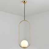 Mid-Century Globe Pendant Lamp With White Glass Shade And Metal Ring Gold / 23.5