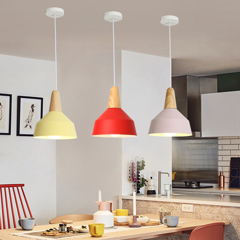 Nordic Style Metal 1-Light Hanging Ceiling Pendant With Wooden Top - Ideal For Restaurants