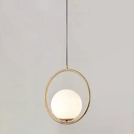 Mid-Century Globe Pendant Lamp With White Glass Shade And Metal Ring