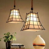 Rustic Black Wire Frame Hanging Lamp With Fabric Shade - 1 Light Suspension Flaxen