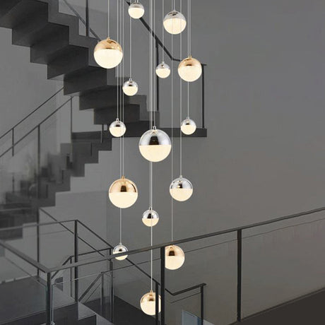 Minimalist 15-Head Silver-Gold Multi Pendant Light With Acrylic Bubble Globes - Stylish Hanging