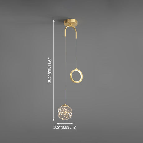 Minimalist Gold Glass Ball & Ring Led Pendant - 2-Light Starry Suspension Light For Bedroom