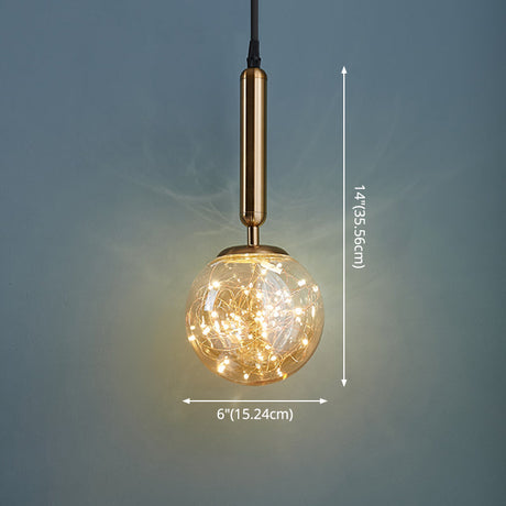 Amber Glass Ball Pendulum Light - Nordic Style Led Pendant With Starry String 1 Head