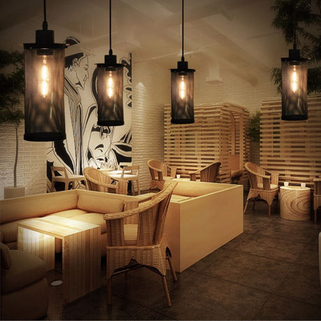 Black Metal Mesh Hanging Lantern Pendant Light - Industrial Style For Cafes
