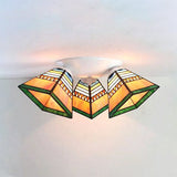 Vintage Stained Glass Geometric Ceiling Light With Wire Mesh Stripes & Pattern - 3-Light Flushmount