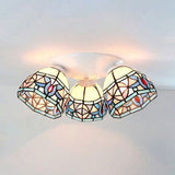Vintage Magnolia Stained Glass 3-Head Ceiling Fixture In White Flush Mount /