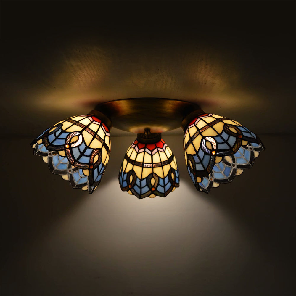 Vintage Stained Glass Dome Shade Ceiling Fixture - Victorian/Mediterranean/Baroque Pattern Flush