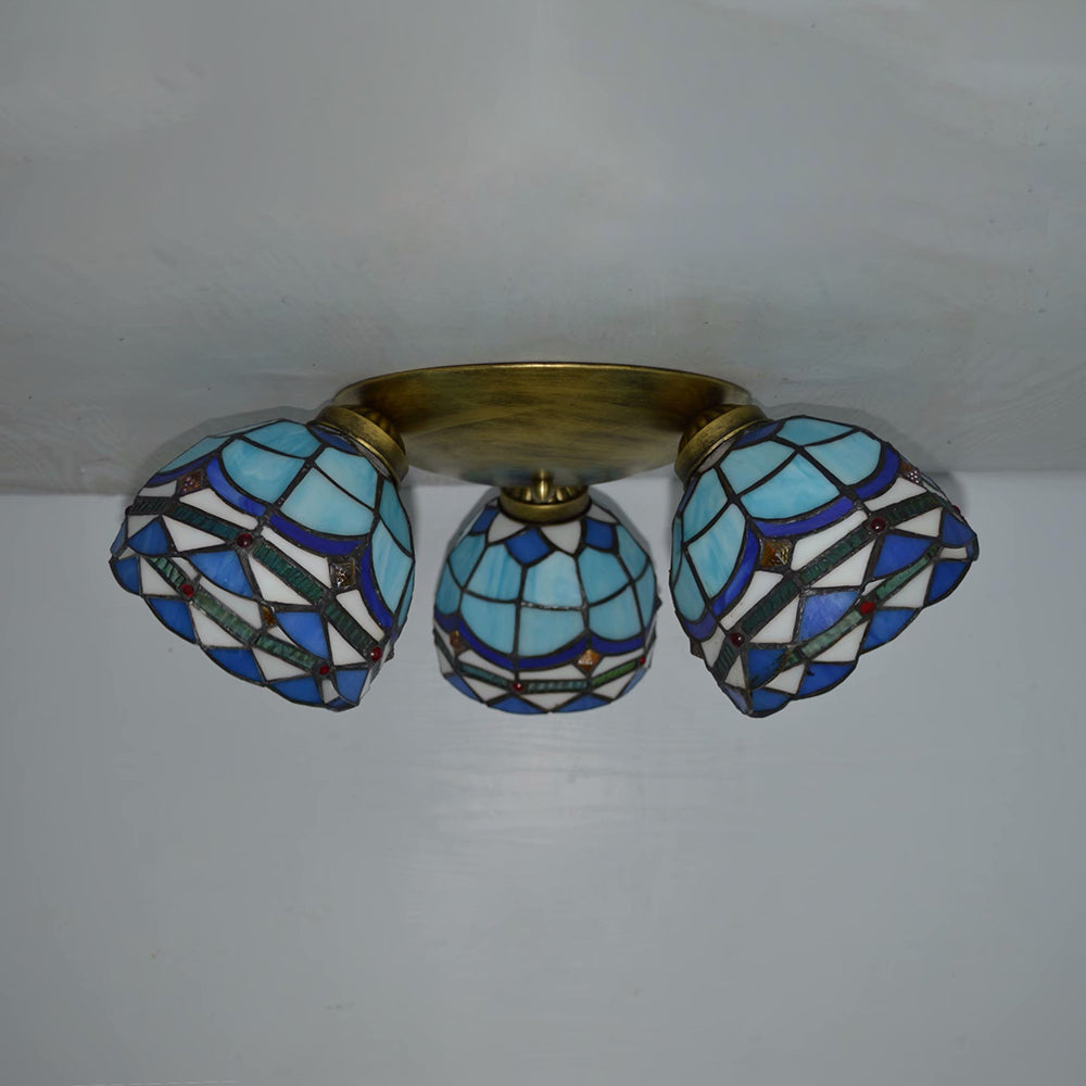 Vintage Stained Glass Dome Shade Ceiling Fixture - Victorian/Mediterranean/Baroque Pattern Flush