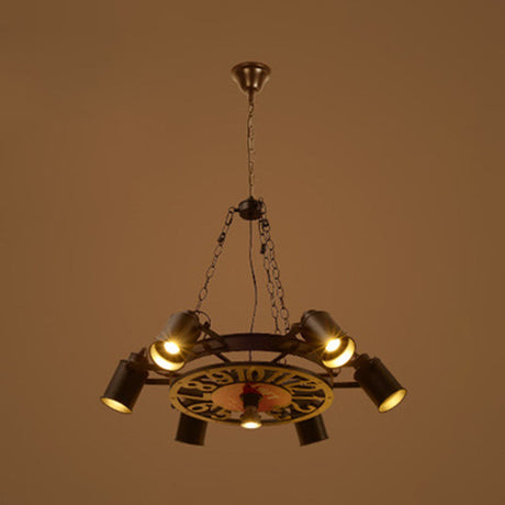 Nautical Vintage Industrial Chandelier: Black Wrought Iron Wheel-Shaped Hanging Light Fixture For