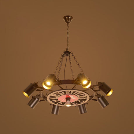 Nautical Vintage Industrial Chandelier: Black Wrought Iron Wheel-Shaped Hanging Light Fixture For