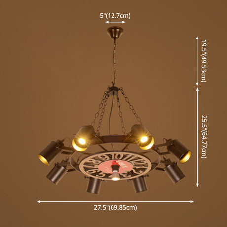 Nautical Vintage Industrial Chandelier: Black Wrought Iron Wheel-Shaped Hanging Light Fixture For