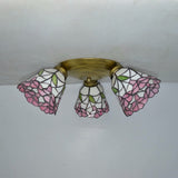 Tiffany Stained Glass Ceiling Light In Pink/Blue/Beige For Bedroom With 3 Conic Heads