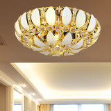 23.5/31.5 Contemporary Crystal And Glass Round Flush Ceiling Light With Leaf Pattern In Gold