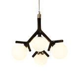 Contemporary Global Chandelier - White Glass With Branch Design 4 Lights Hanging Ceiling Fixture In