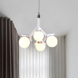 Contemporary Global Chandelier - White Glass With Branch Design 4 Lights Hanging Ceiling Fixture In