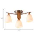 Sleek 4-Light Modern White Glass Semi Flush Mount With Wooden Accents