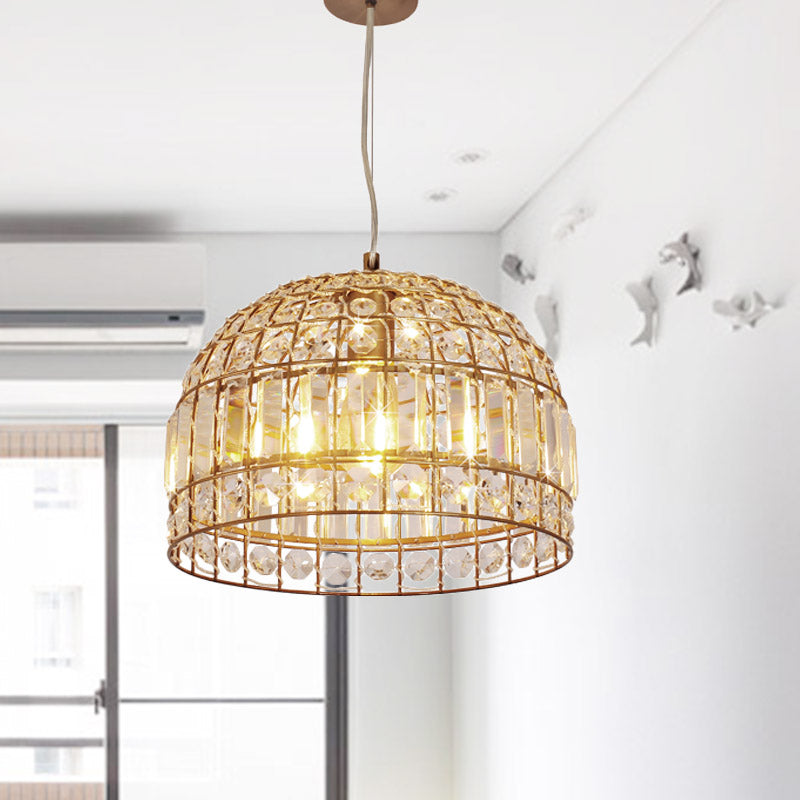 Dome Crystal Ceiling Pendant - Traditional Brass Drop Lamp With Metallic Frame (9/14/18 Width)