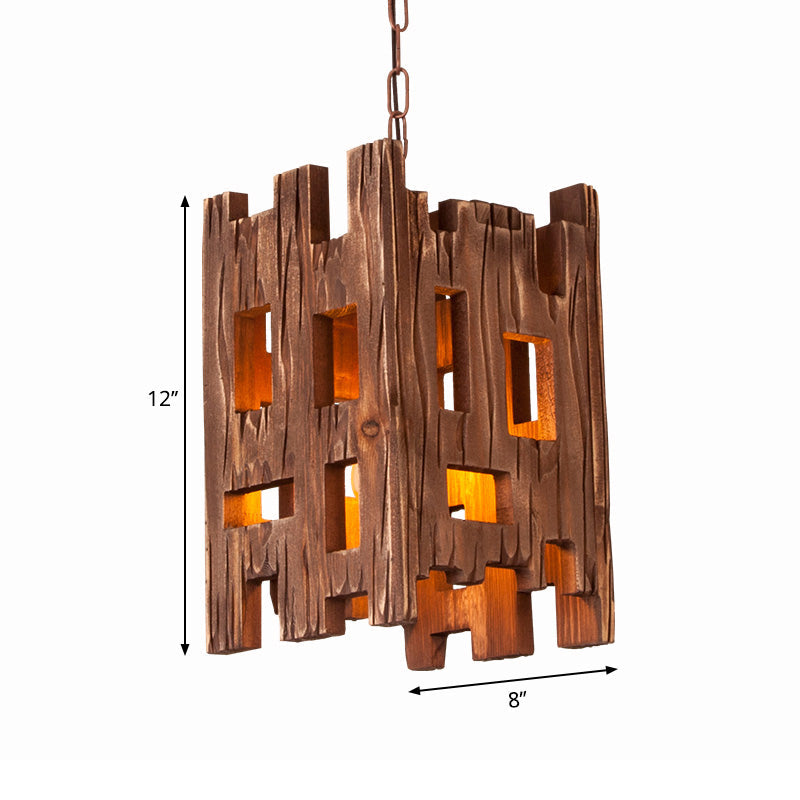 Country Style Wooden Pendant Lamp With Adjustable Chain - Brown Rectangular Design Ideal For 1 Bulb