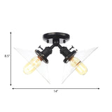 Industrial Conical Restaurant Semi Flush Light With Clear Glass - 2 Lights Ceiling Mount In