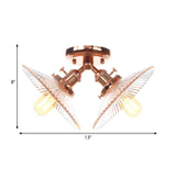 Flared Shade Ceiling Mount Light With Clear Ribbed Glass - 2 Heads Ideal For Restaurants Black/Brass