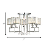 Ribbed Crystal Drum Flush Ceiling Light - Stylish Silver Semi Lamp With Scroll Frame (4/6-Light)