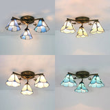 Vintage Stained Glass Ceiling Light - Conic Flushmount With Art Pattern 3 Lights