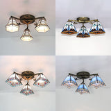 Vintage Stained Glass Ceiling Light - Conic Flushmount With Art Pattern 3 Lights
