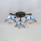 Vintage Stained Glass Ceiling Light - Conic Flushmount With Art Pattern 3 Lights Antique Bronze /