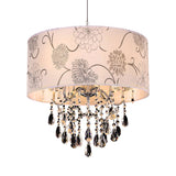 Crystal Vintage 5-Light Pendant Chandelier With Flower Pattern And Chrome Printing Fabric Shade