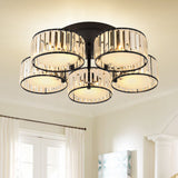 Modern Black Flush Mount Ceiling Light Fixture With Drum Crystal Shade - 3/5/6 Lights For Living