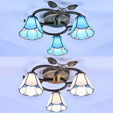 Tiffany Stained Glass Conic Shape Ceiling Light - 3 Lights Flush Mount Fixture In White/Blue For