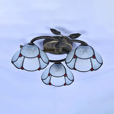 Industrial Vintage Bowl Ceiling Light - Stained Glass Blue/Clear 3 Lights Flushmount For Bedroom