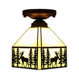 Geometric Semi Flush Ceiling Light With Art Glass Shade And Deer Pattern In Beige - Ideal For