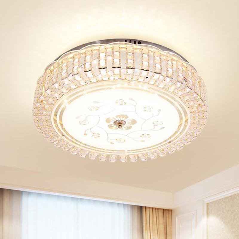Modern K9 Crystal Flush Mount Led Ceiling Light Fixture White Drum 12/16/19.5 Wide