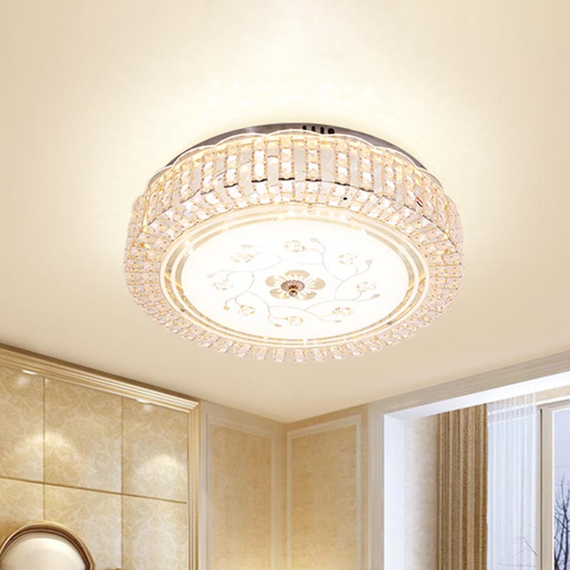 Modern K9 Crystal Flush Mount Led Ceiling Light Fixture White Drum 12/16/19.5 Wide