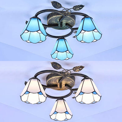 Tiffany Stained Glass Geometric Ceiling Light - Bronze Flushmount With 3 Lights