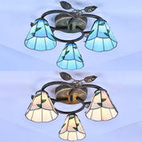Tiffany Stained Glass Geometric Ceiling Light - Bronze Flushmount With 3 Lights