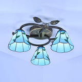 Tiffany Stained Glass Geometric Ceiling Light - Bronze Flushmount With 3 Lights / Blue Leaf