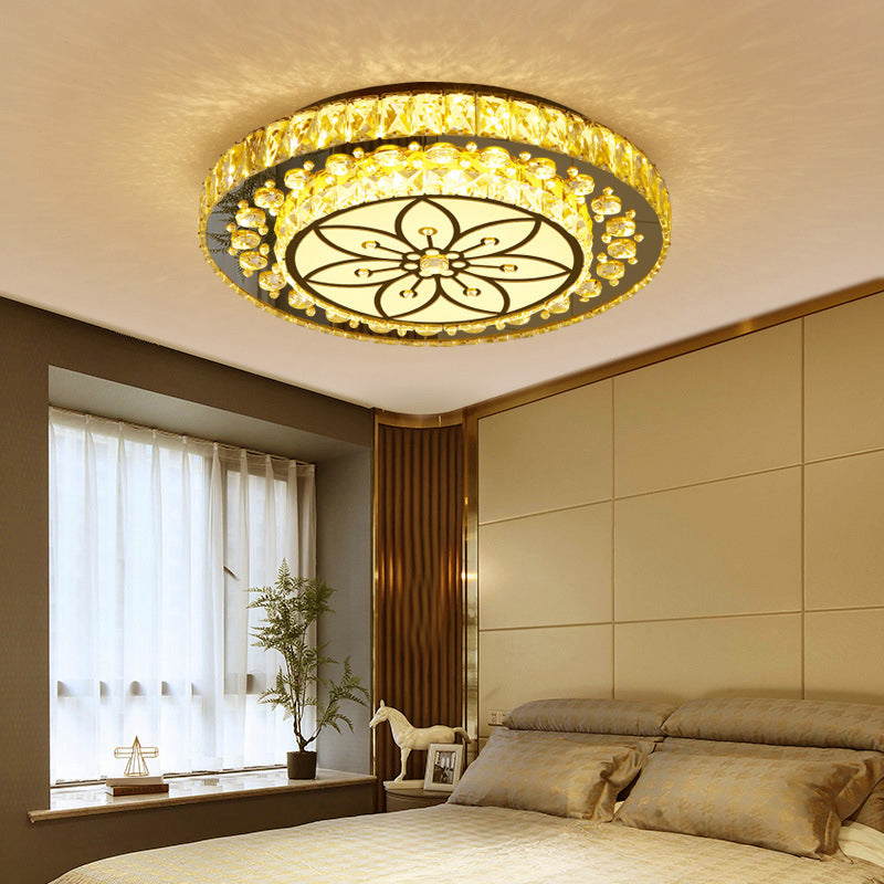 Golden Crystal Led Flushmount Ceiling Light - Modern 2-Tier Round 3Rd Gear Flush Lighting