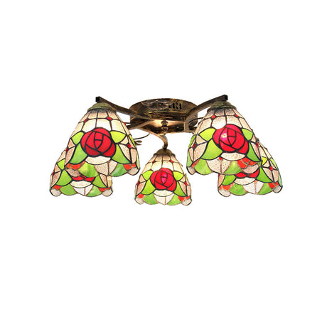 Tiffany Stained Glass Ceiling Light With 5 Scalloped Heads In Antique Bronze - Perfect For Bedroom