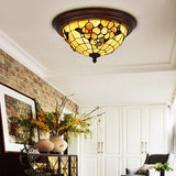 Beige Round Flushmount Lodge Stained Glass Ceiling Light Fixture With Floral/Geometric Elements /