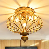 Metal Cage Crystal Flush Mount Lamp 3/6 Lights Brass